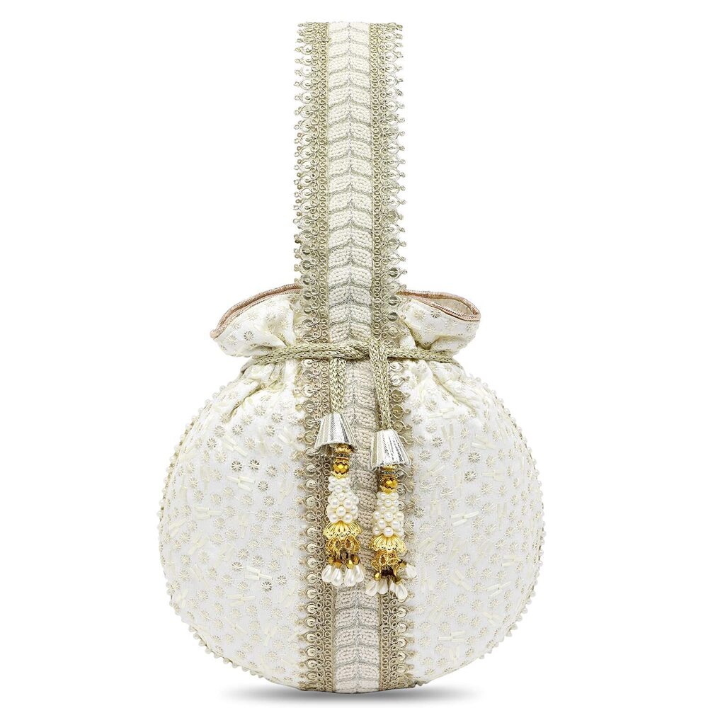 7109 White Potli Bags Gift Evening Bag Clutch Ethnic Bride Purse